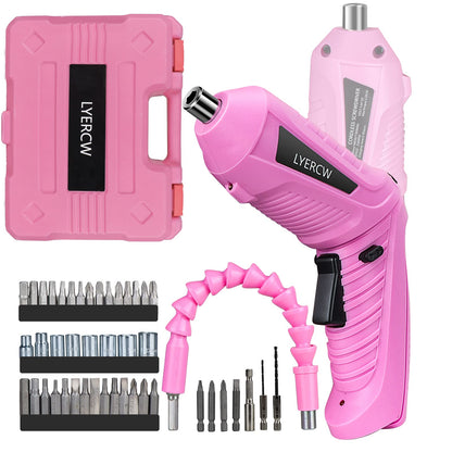 Pink Cordless Screwdriver Set with Rechargeable Battery and Charger, Rotating Handle, LED Light, 47PCS Drill/Driver Accessories, Lightweight and - WoodArtSupply