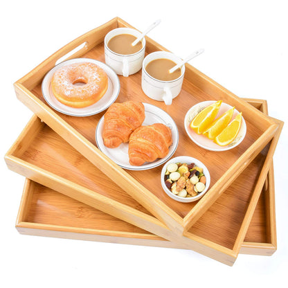 Bamboo 3 Pack Serving Tray Kitchen Food Tray with Handles Serving Platters Tray Great for Dinners Party,Tea Bar, Table Breakfast Snack