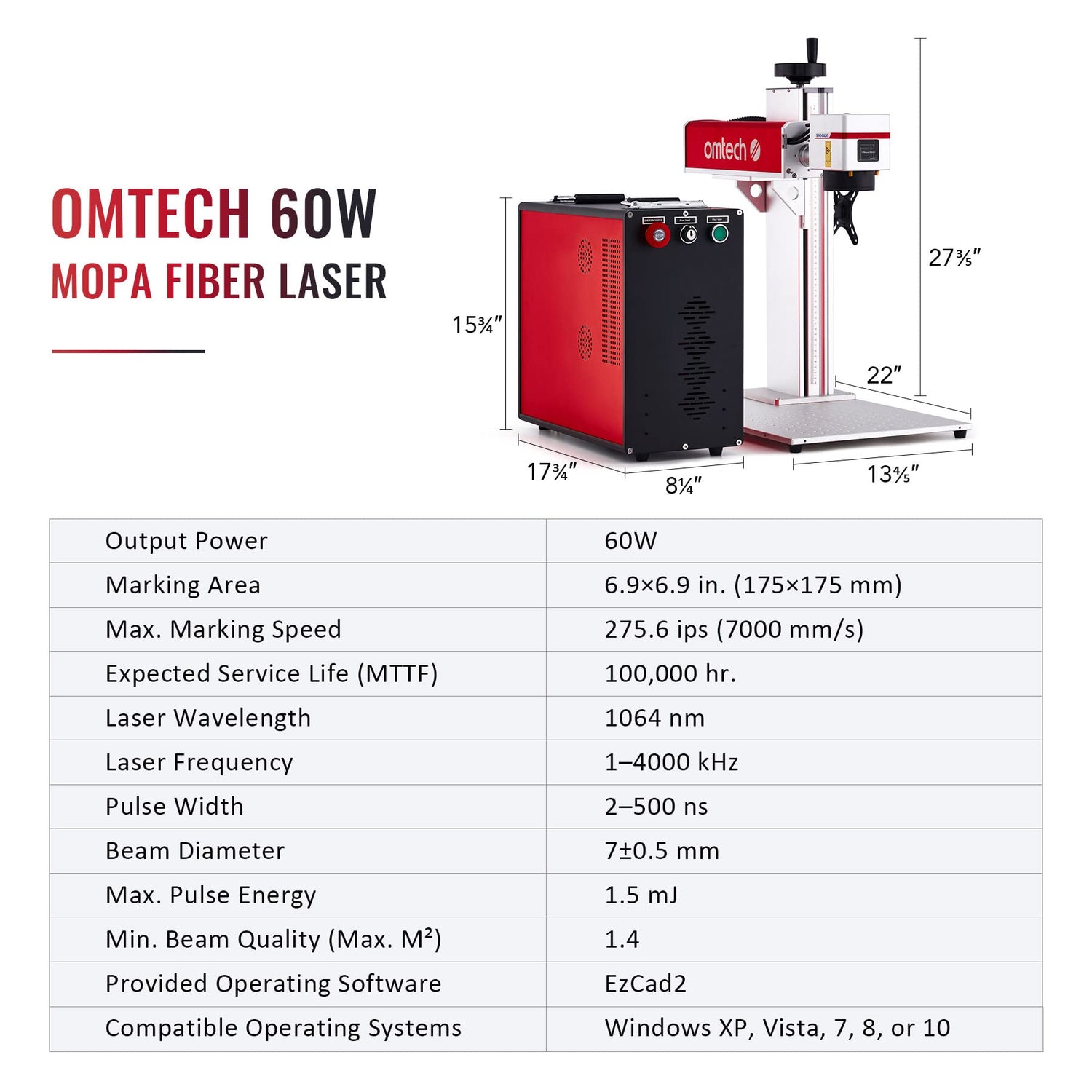 OMTech 60W Fiber Laser Marking Machine, LightBurn Compatible MOPA Laser Engraver with Red Dot Guide for Metal Color Marking, 7x7 Solid State Laser OMTech