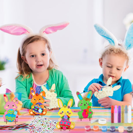 QOUBAI 36 Pack Easter Unfinished Wood Crafts for Kids DIY Coloring Easter Bunny Cutout DIY Easter Hanging Rabbit Wood Arts Crafts Ornaments for Party QOUBAI