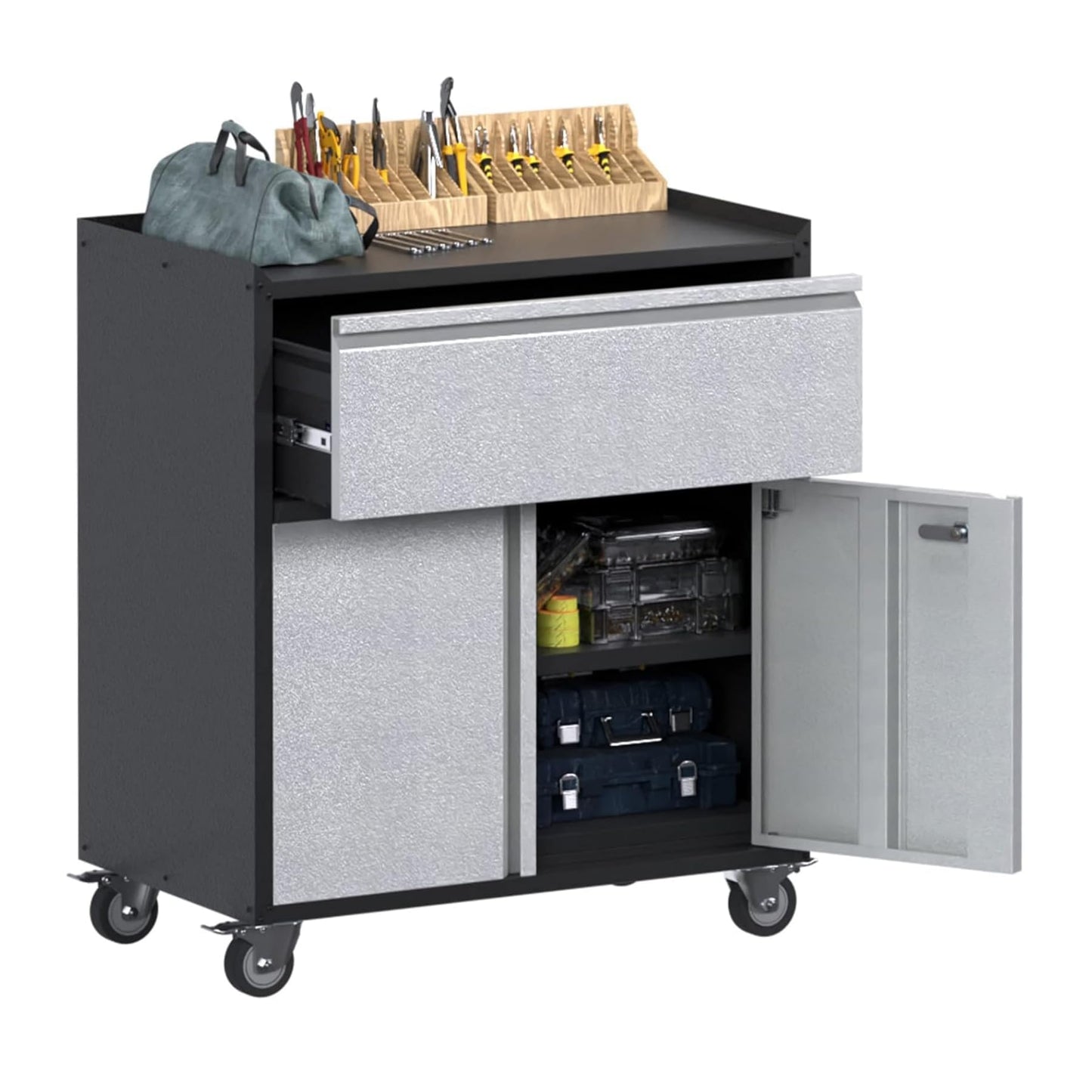 Waqiv Rolling Garage Storage Cabinet with Door and Drawer, Lockable Metal Tool Cabinet on Wheels for Garage, Home, Office, Black & Gray, Assembly - WoodArtSupply