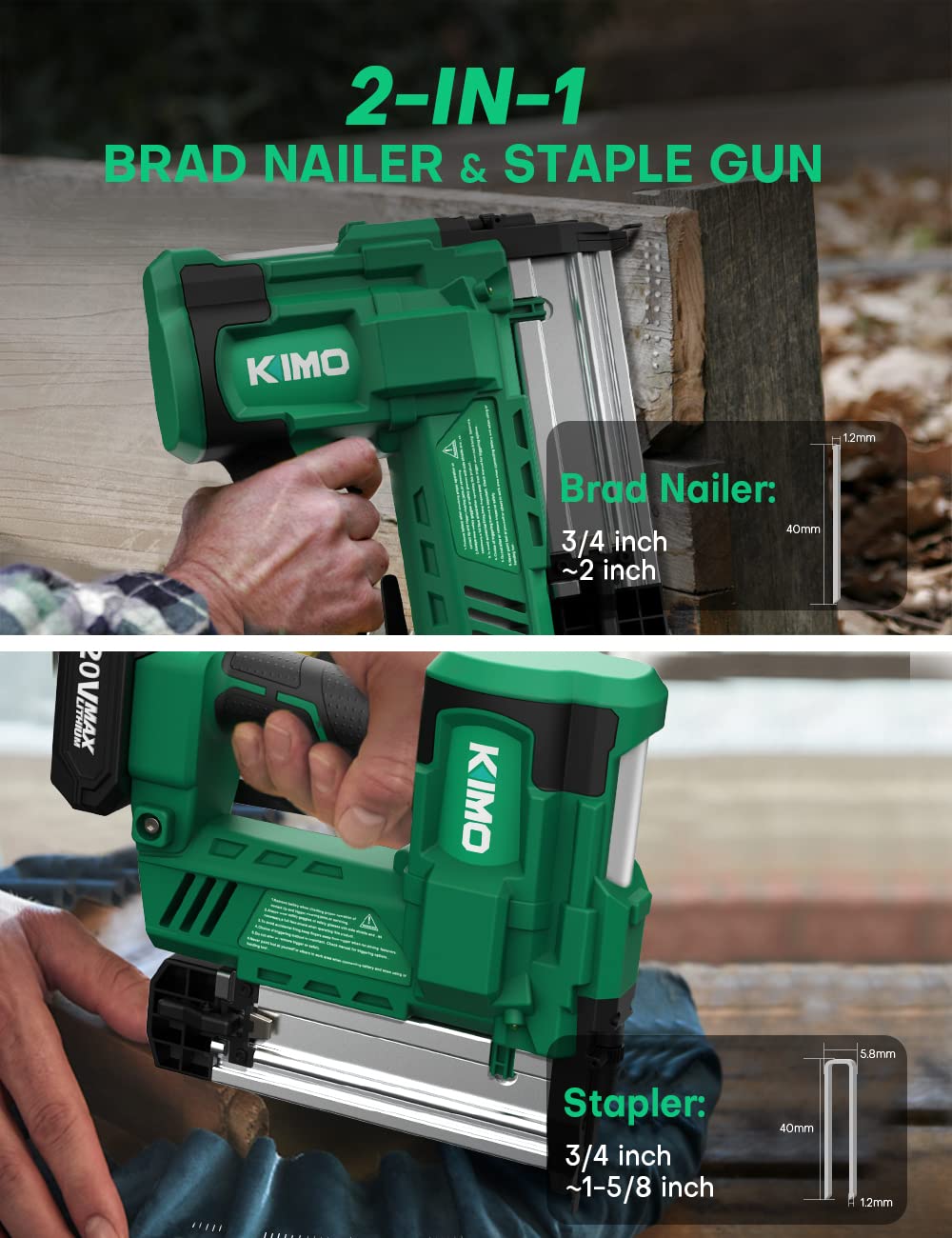 KIMO 18 Gauge Nail Gun Battery Powered w/ 2 X 2.0 Battery & Charger, 2 in 1 Cordless Brad Nailer/Electric Stapler, Adjustable Depth, 1000pcs Nails, - WoodArtSupply