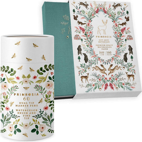 Primrosia 60 Dual Tip Watercolor Markers + Winter Dot Grid Watercolor Journal Primrosia