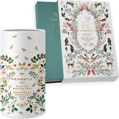 Primrosia 60 Dual Tip Watercolor Markers + Winter Dot Grid Watercolor Journal