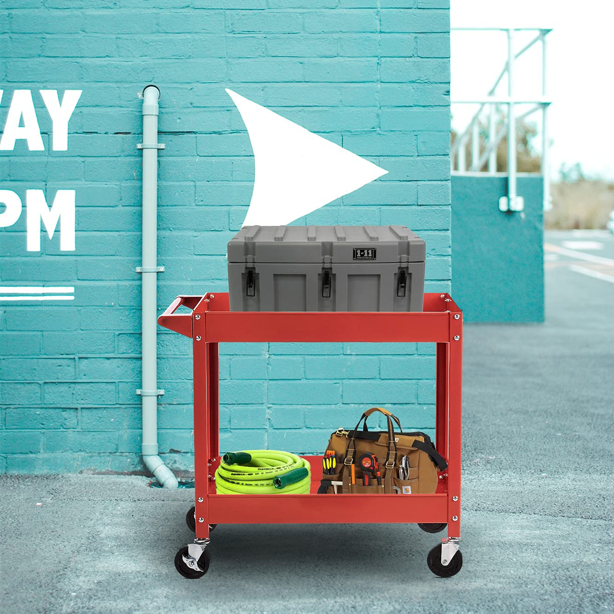 TCE Service Utility Cart Heavy Duty 2 Shelf Tier 300 LBs Rolling Trolley Storage Organizer for Garage Warehouse Workshop, APTC304U , Red TCE