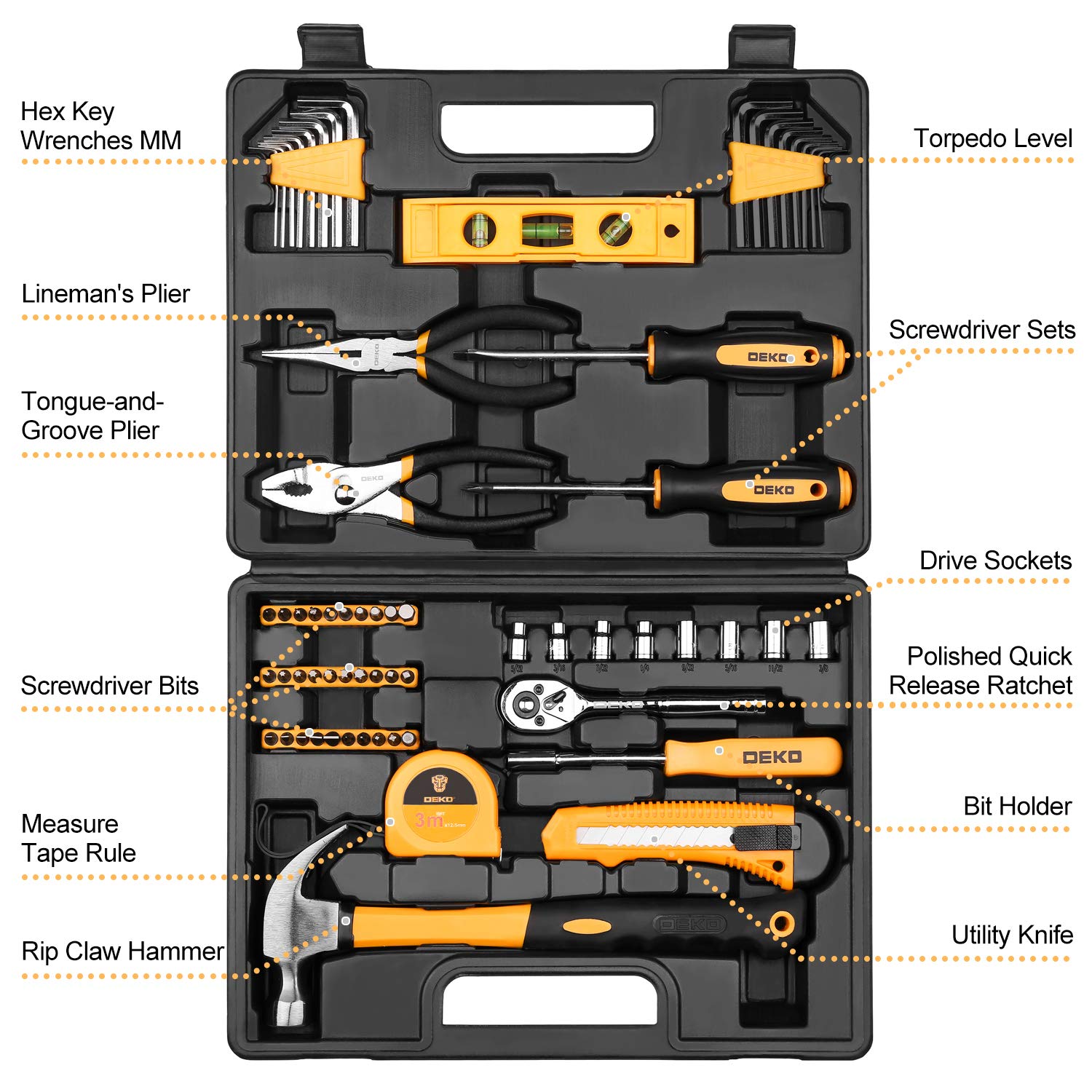 DEKOPRO 65 Pieces Tool Set General Household Hand Tool Kit with Storage Case Plastic ToolBox DEKOPRO