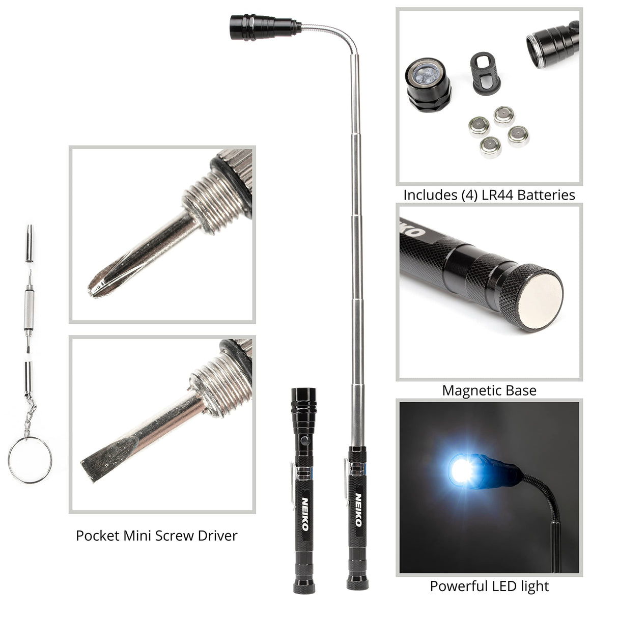 NEIKO 20736A (6) Piece Set, Magnetic Tool & Telescoping Mirror Set, Adjustable Telescoping Magnetic Pickup Tool, Flashlight 15lb Retriever Tool, 360 NEIKO