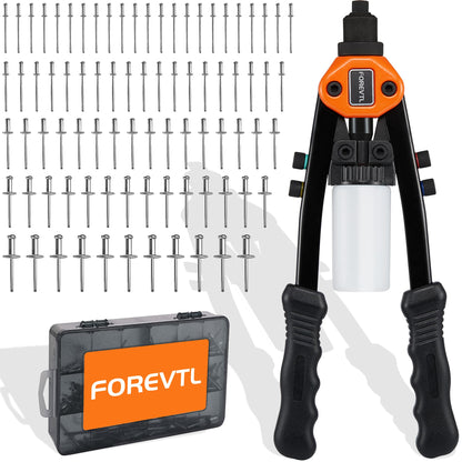 FOREVTL Rivet Gun - Pop Rivet Gun Kit with 210 Rivets (3/32", 1/8", 5/32", 3/16", 1/4'') and 5 Nosepieces, Full Metal 13" Large Heavy Duty Manual - WoodArtSupply