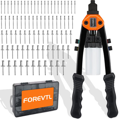 FOREVTL Rivet Gun - Pop Rivet Gun Kit with 210 Rivets (3/32", 1/8", 5/32", 3/16", 1/4'') and 5 Nosepieces, Full Metal 13" Large Heavy Duty Manual