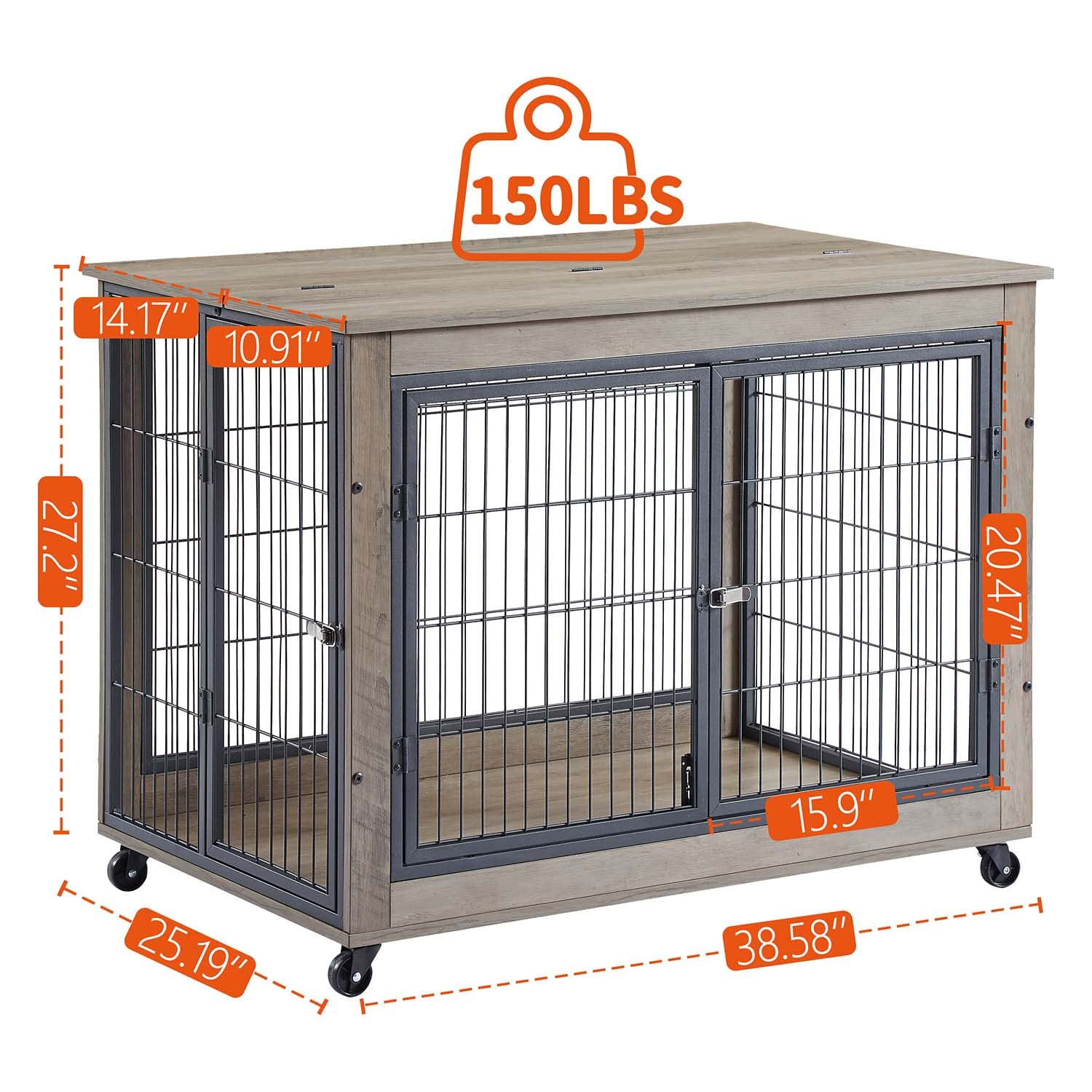 IchbinGo Dog Crate Furniture, Wooden Table, 38.5" Dog Kennel with 3 Doors, Flip-up Top Opening and Wheels, Decorative Pet Crate House for IchbinGo