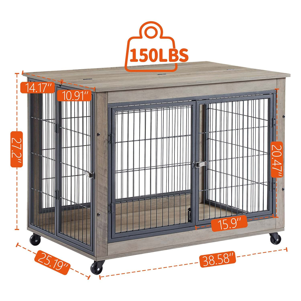 IchbinGo Dog Crate Furniture, Wooden Table, 38.5" Dog Kennel with 3 Doors, Flip-up Top Opening and Wheels, Decorative Pet Crate House for IchbinGo