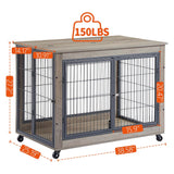 IchbinGo Dog Crate Furniture, Wooden Table, 38.5" Dog Kennel with 3 Doors, Flip-up Top Opening and Wheels, Decorative Pet Crate House for IchbinGo