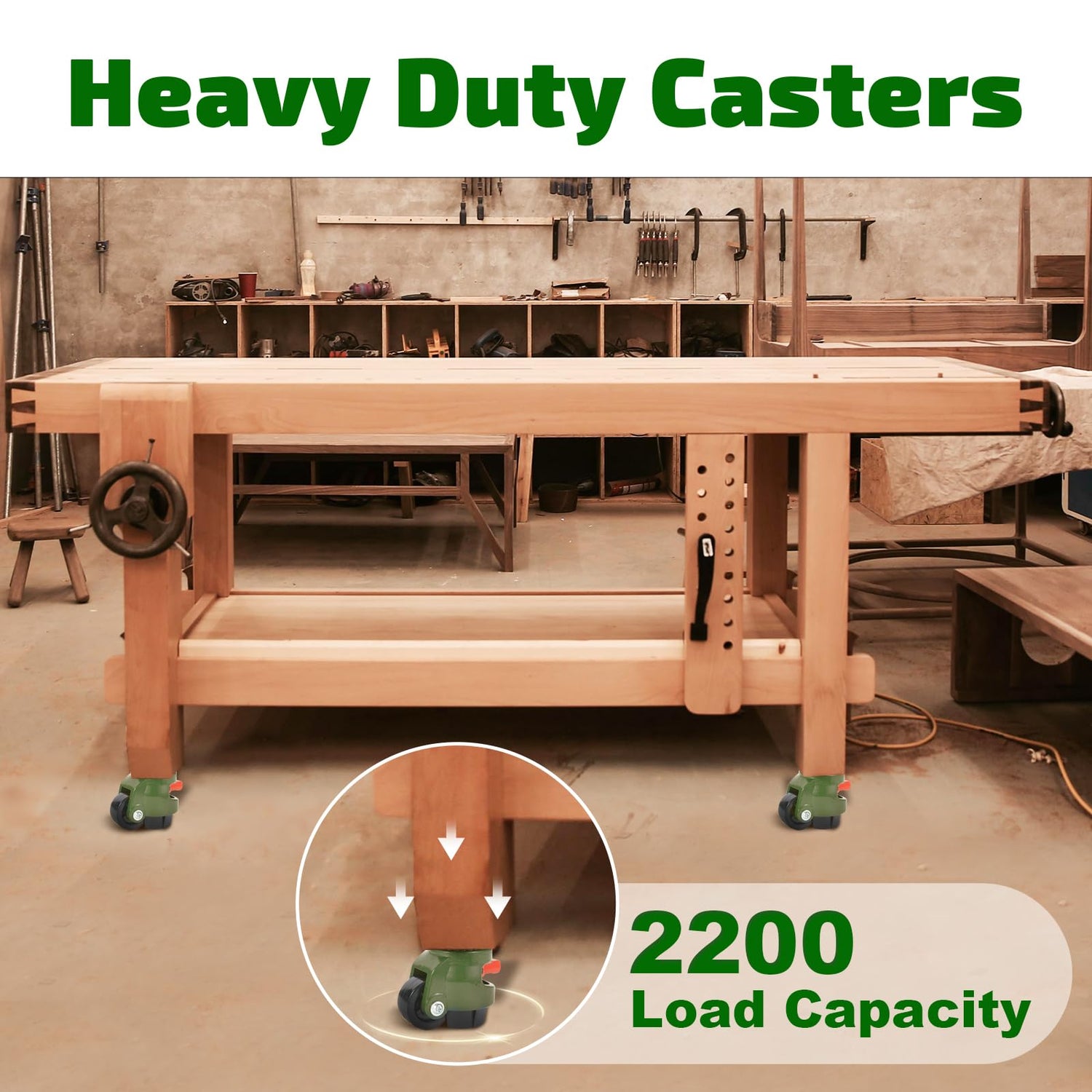 EMBOWLIFE Leveling Casters Wheels, Heavy Duty Workbench Casters with Ratchet Arm 2200 LBS, Green Retractable Casters Set of 4, Nylon Wheels & EMBOWLIFE
