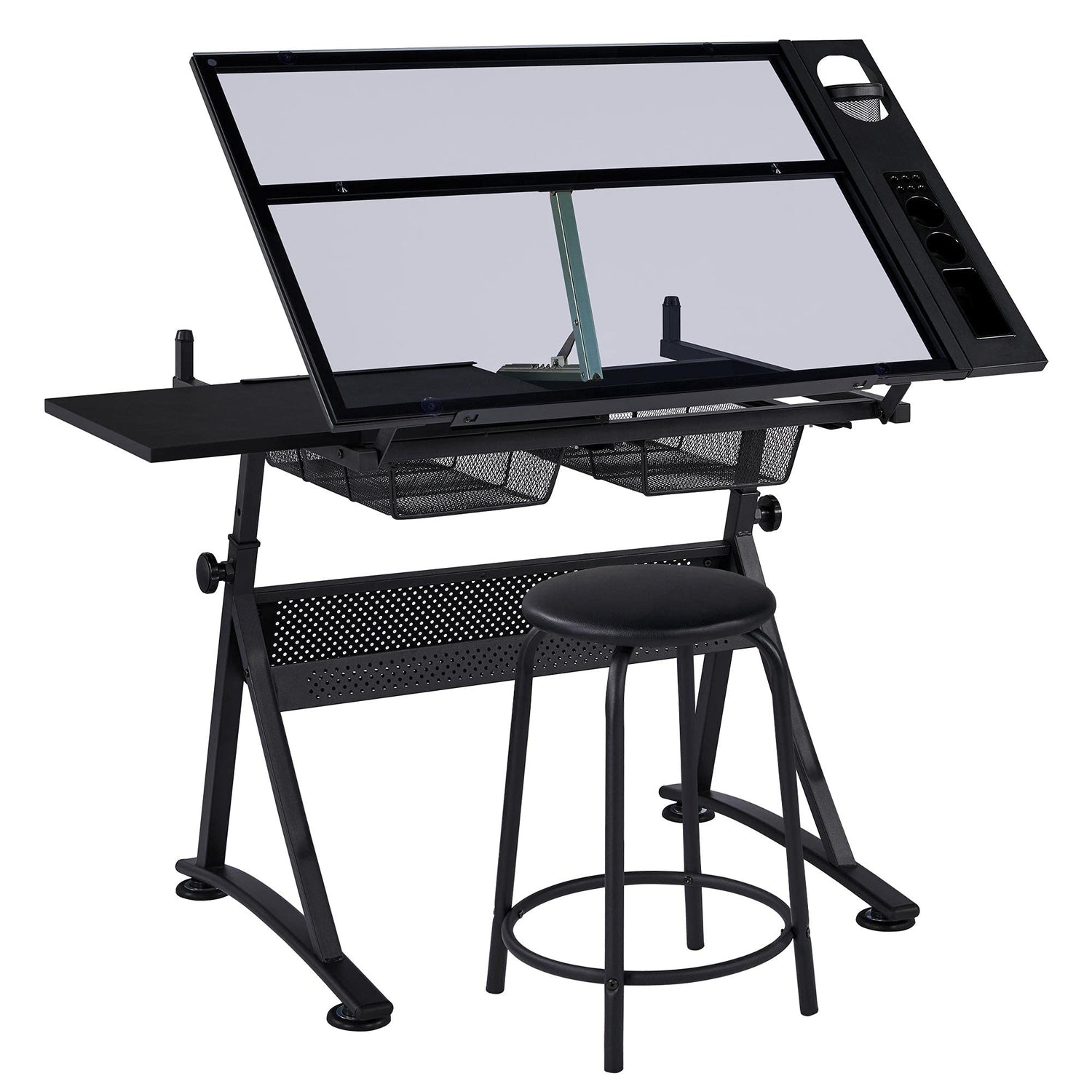 Yaheetech Drafting Table w/Stool Height Adjustable Multifunctional Art Craft Artists Desk Tilting Glass Tabletop Diamond Paintings Work Station w/2 Yaheetech