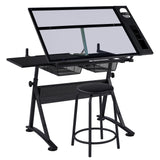 Yaheetech Drafting Table w/Stool Height Adjustable Multifunctional Art Craft Artists Desk Tilting Glass Tabletop Diamond Paintings Work Station w/2 Yaheetech