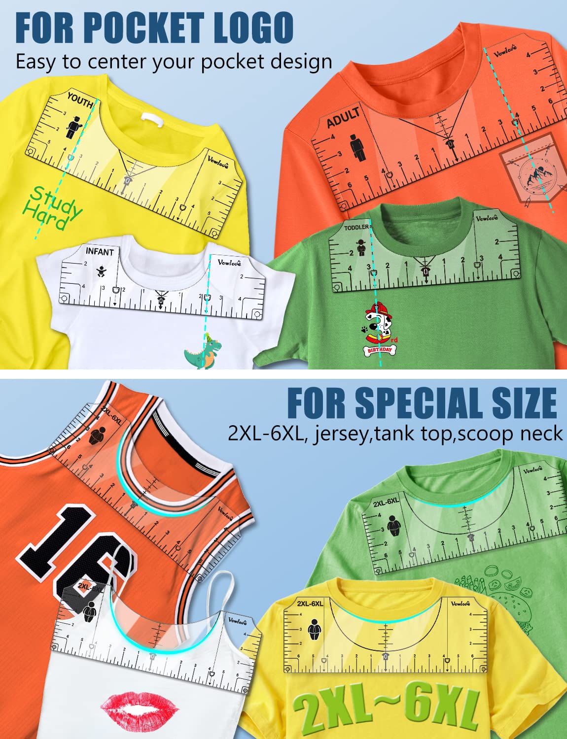 Tshirt Ruler Guide Vinyl Alignment Tool - Sublimation Accessories, T Shirt rulers to Center Designs, Transparent V-Neck/Round PVC Ruler for Adult Vowlove