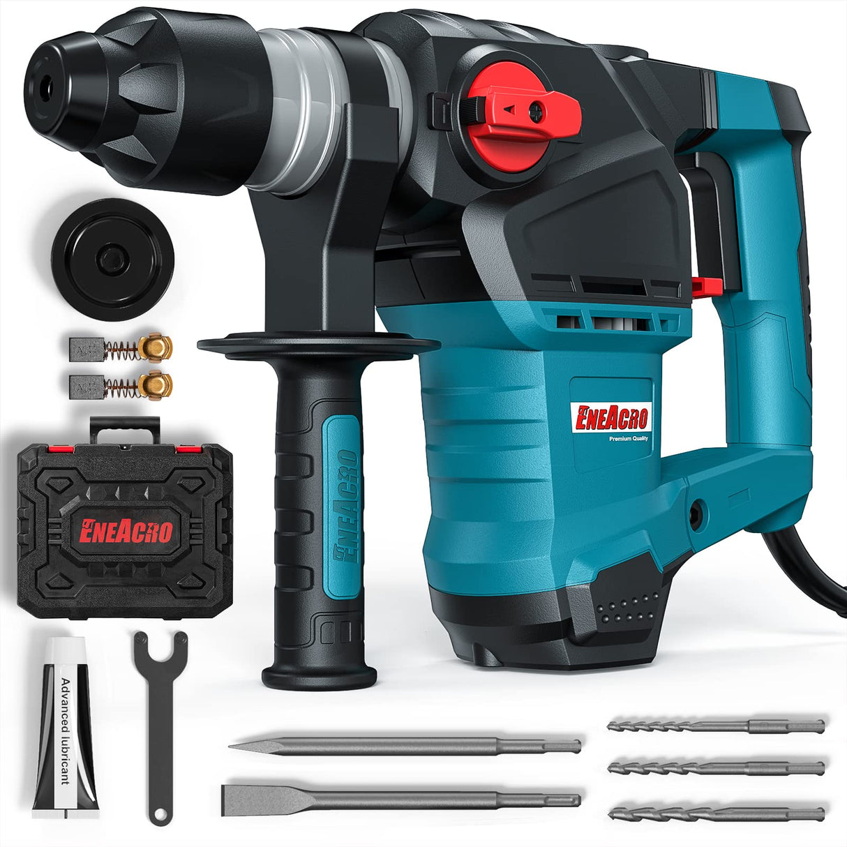 ENEACRO 1-1/4 Inch SDS-Plus 12.5 Amp Heavy Duty Rotary Hammer Drill, Safety Clutch 3 Functions with Vibration Control Including Grease, Chisels and ENEACRO