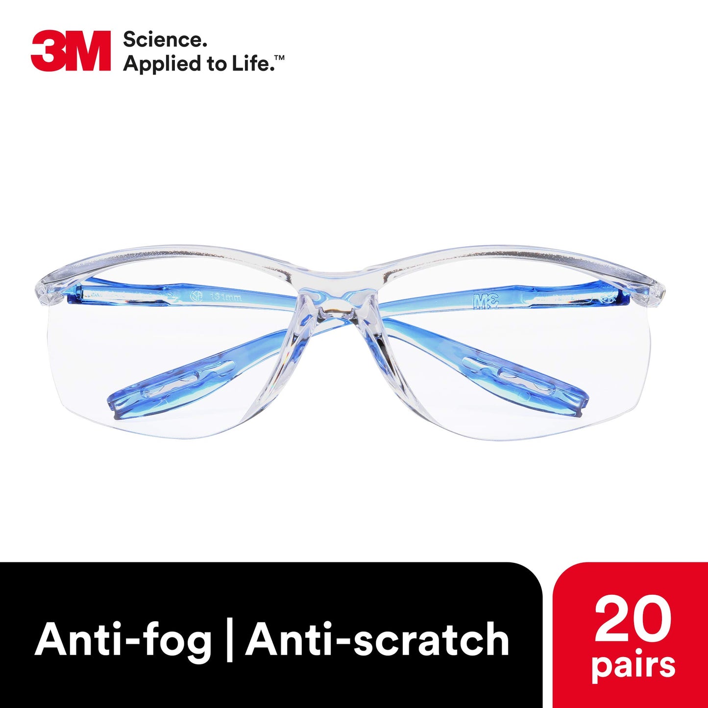 3M Safety Glasses, Virtua Sport CCS, 20 Pack, ANSI Z87, Anti-Fog, Anti-Scratch, Clear Lens, Blue Frame, Corded Ear Plug Control System