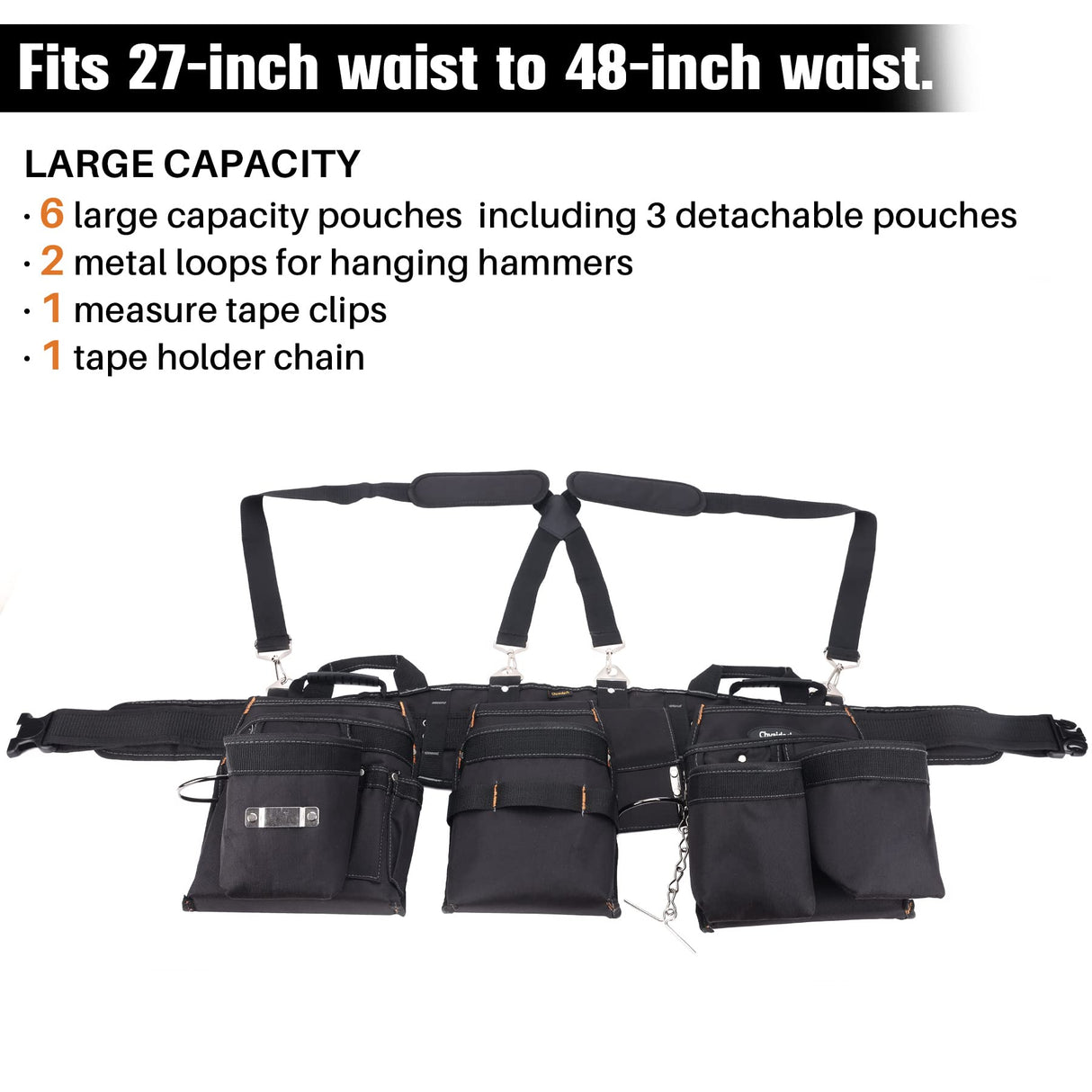 Chyaidach 16-Pockets Tool Belts for man with Suspenders, Detachable & Adjustable Tool Pouches Bag & Back Support Tool belt Combo For Chyaidach