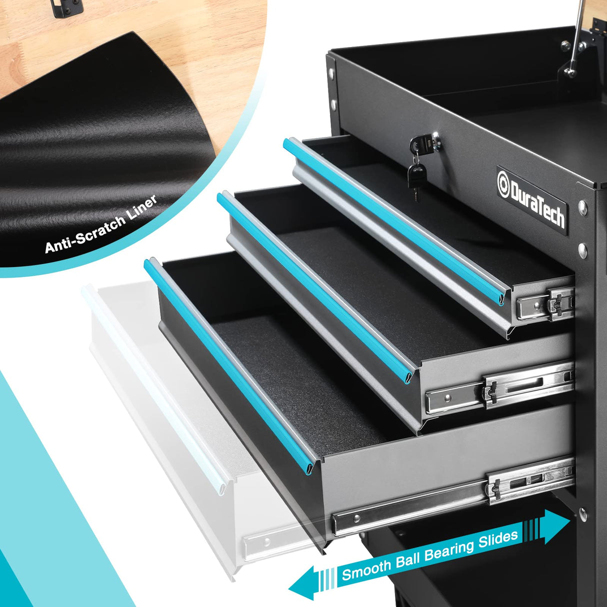 DURATECH 30-1/2 in 3-Drawer Rolling Tool Cart with Wood Top, Heavy Duty Storage Organizer Cabinet, Utility Industrial Service Cart with Casters and DURATECH