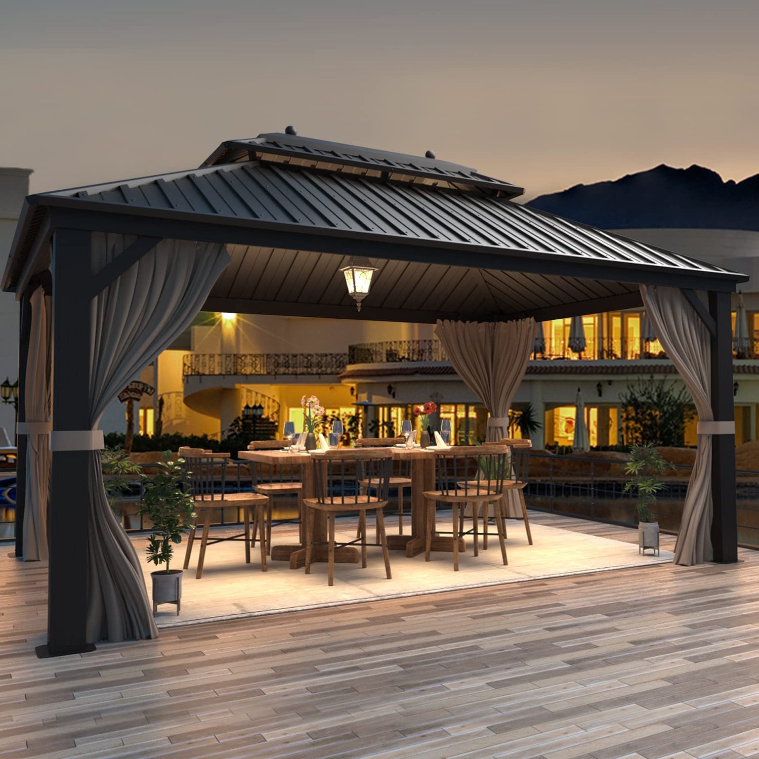 MELLCOM 10' X 13' Hardtop Gazebo Galvanized Steel Outdoor Gazebo Canopy Double Vented Roof Pergolas Aluminum Frame with Netting and Curtains for MELLCOM