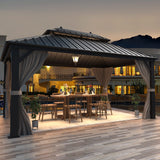 MELLCOM 10' X 13' Hardtop Gazebo Galvanized Steel Outdoor Gazebo Canopy Double Vented Roof Pergolas Aluminum Frame with Netting and Curtains for MELLCOM