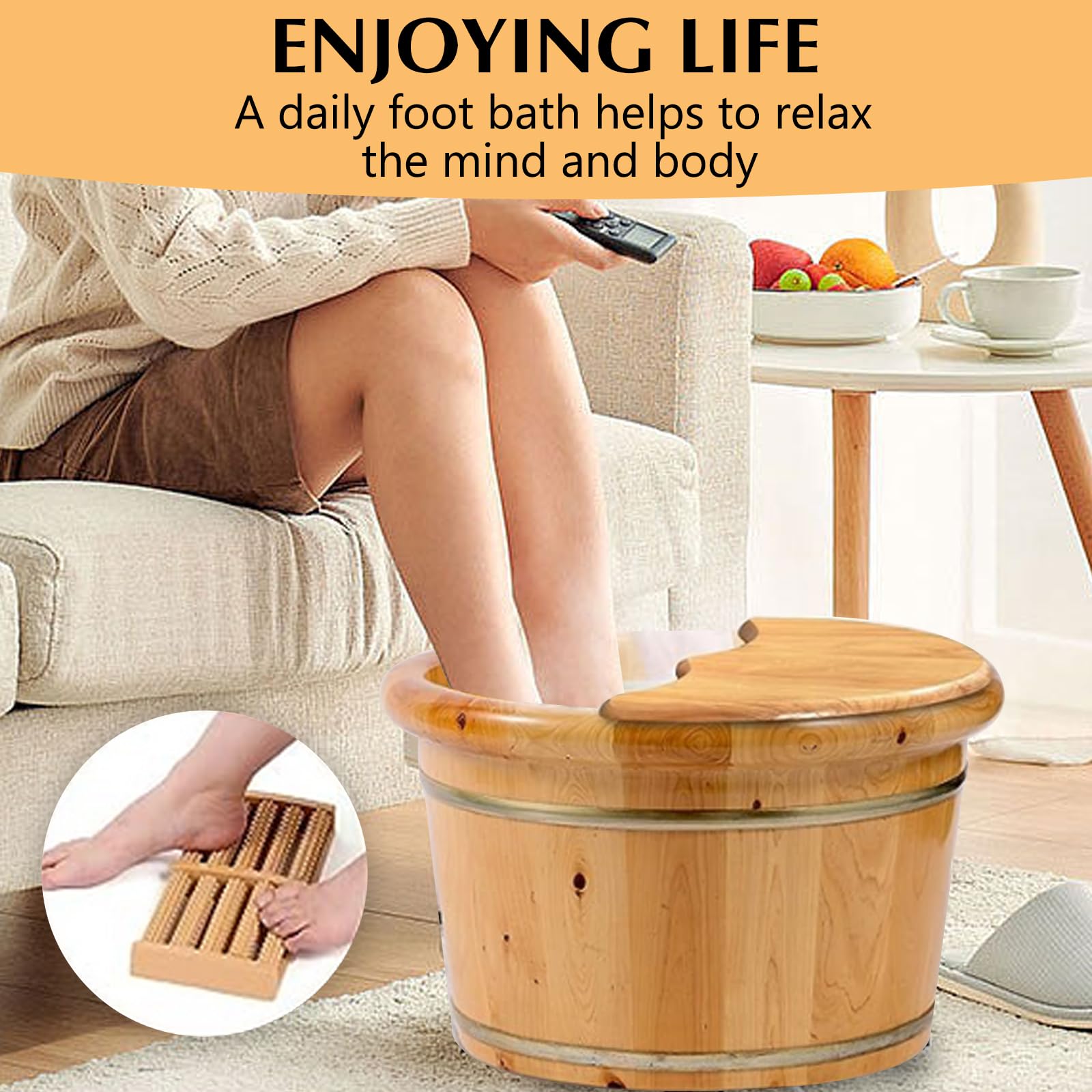 Kaichenyt Wooden Foot Basin, Solid Cedar Wood Foot Tub with Cover Plate, Wooden Bucket Foot Bath with Massage, Pedicure Barrel for Foot Bath, Soak, - WoodArtSupply