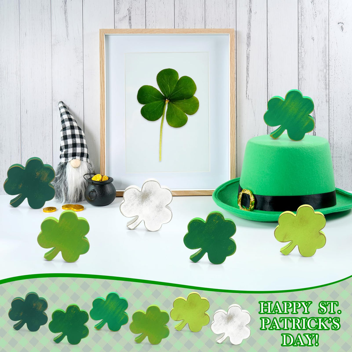 6 Pieces St Patricks Day Rustic Table Wooden Signs Unfinished Shamrock Table Centerpiece Indoor Irish Lucky Shamrock Standing Tabletop Decoration yasuwekik