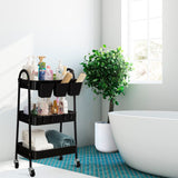 danpinera 3-Tier Rolling Cart, Metal Rolling Storage Cart with Lockable Wheels & Hanging Cups & Hooks, Mobile Trolley Cart for Kitchen, Bathroom, danpinera