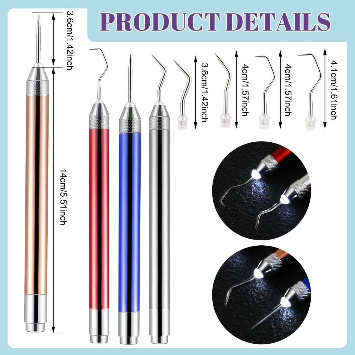 Leriton 4 Pcs LED Weeding Tools for Vinyl with Light Vinyl Weeding Tool with Pin and Hook Lighted Pin Pen Weeding Tool for Removing Iron on Tiny Leriton