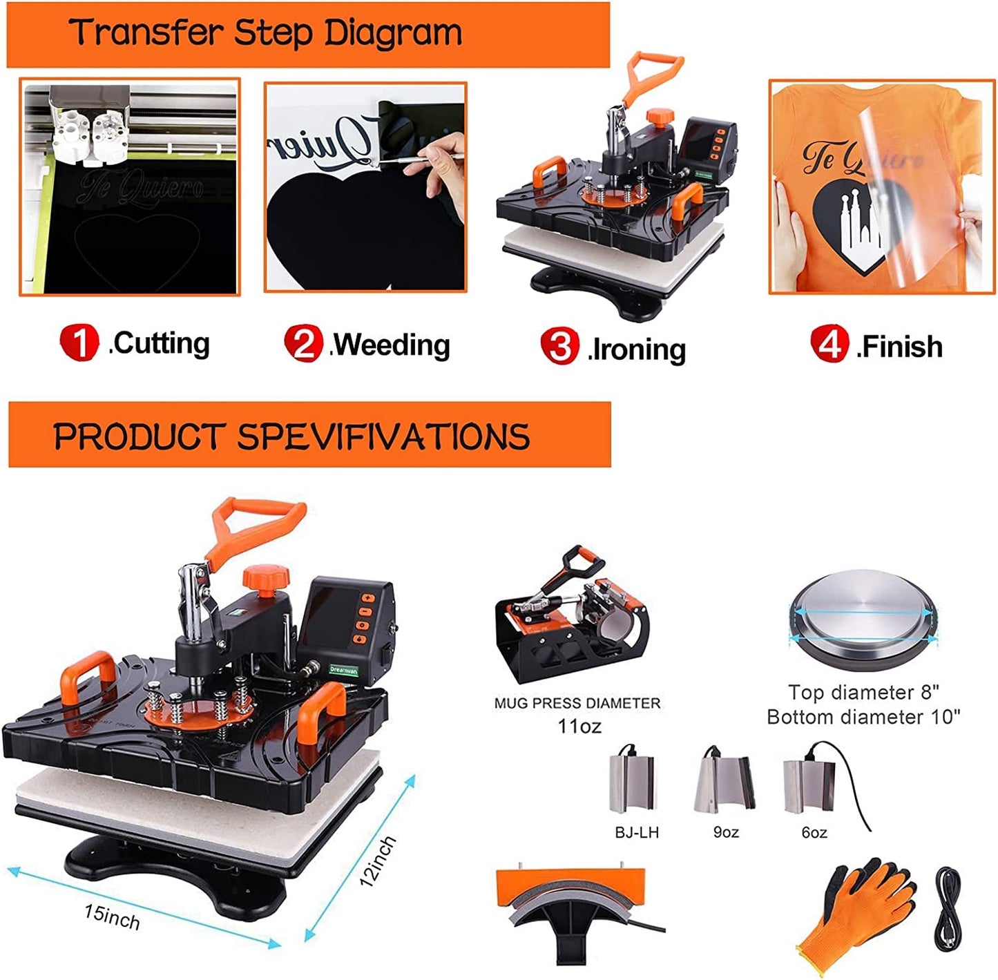 WHUBEFY Heat Press, Heat Press Machine for T Shirts,15" x 12" Heat Press Tshirt Press Machine 8 in 1 Multifunction Shirt Press Sublimation for Shirts