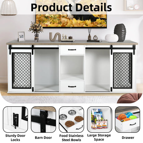 Extra Large Dog Crate Furniture, 85" Sliding Door Double Kennel for 2 Large Dogs Divided, Heavy Duty Wooden Dog Crate Kennel Furniture with 4 Dog okcomuy