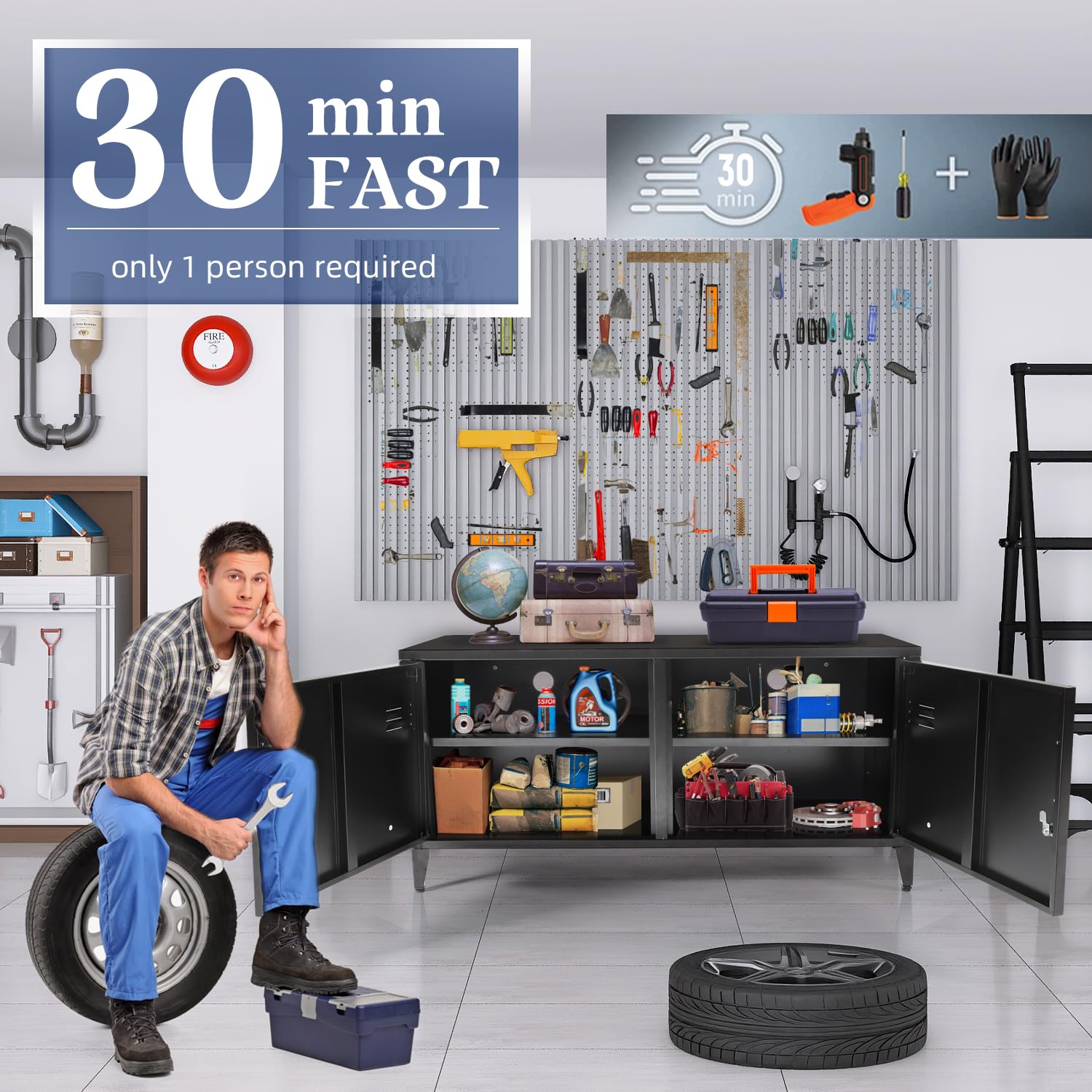 HOPUBUY Metal Storage Cabinet with Lock, Steel Locker Cabinet with Removable Shelves and 2 Locking Doors, Black Storage Cabinets for Home, Garage, HOPUBUY