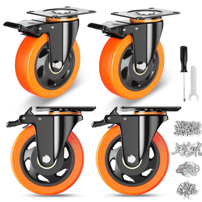 4 Inch Caster Wheels, Casters Set of 4, Heavy Duty Casters with Brake 2200 Lbs, Locking Industrial Swivel Top Plate Casters Wheels for Furniture and