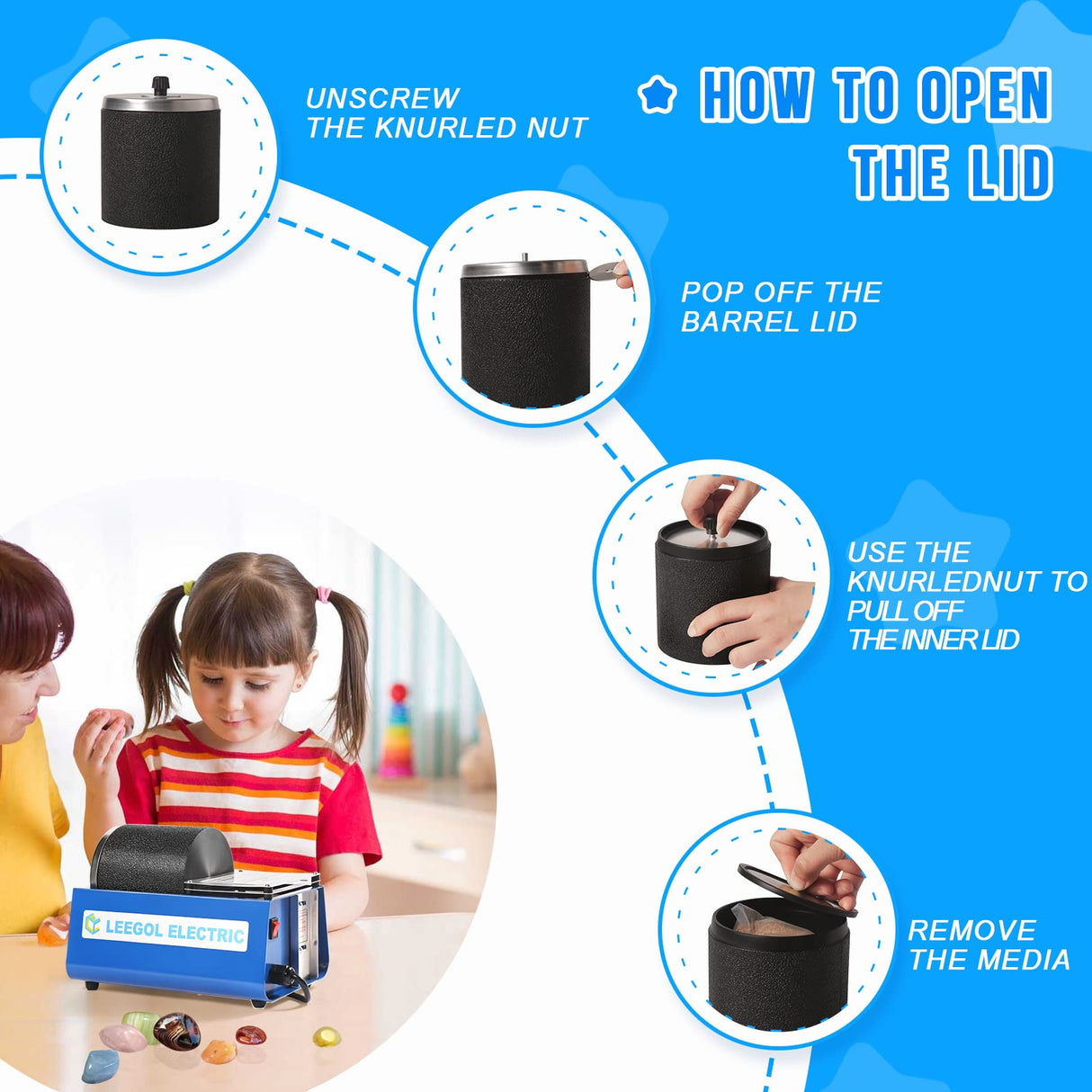 Leegol Electric Rock Tumbler Machine - Single Drum 3LB Rock Polisher (Single Barrel) Leegol Electric