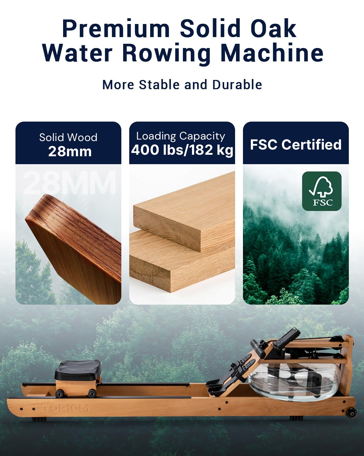 TOPIOM Water Rowing Machine with TM-3 Performance Monitor, 400 lbs Max Load, Oak Wood Rower Machine TOPIOM