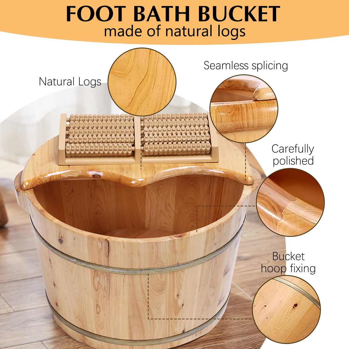 Kaichenyt Wooden Foot Basin, Solid Cedar Wood Foot Tub with Cover Plate, Wooden Bucket Foot Bath with Massage, Pedicure Barrel for Foot Bath, Soak, Kaichenyt