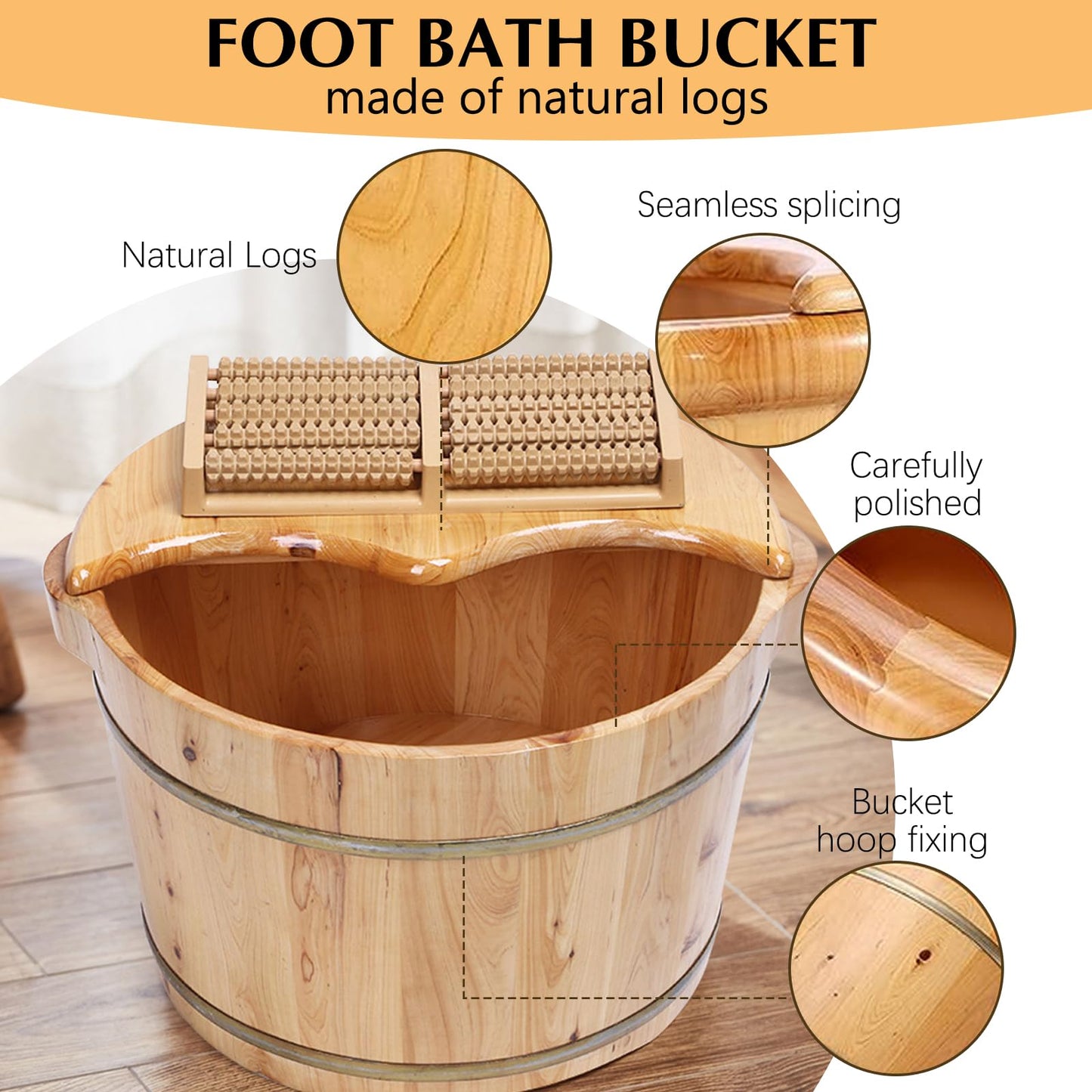 Kaichenyt Wooden Foot Basin, Solid Cedar Wood Foot Tub with Cover Plate, Wooden Bucket Foot Bath with Massage, Pedicure Barrel for Foot Bath, Soak, - WoodArtSupply