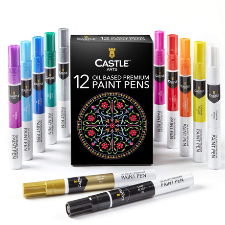 Castle Art Supplies 12 Oil Based Paint Pens Vibrant Premium Colored Markers for adults beginning artists | Color on Rocks Stones Metal Wood Ceramic Castle Art Supplies
