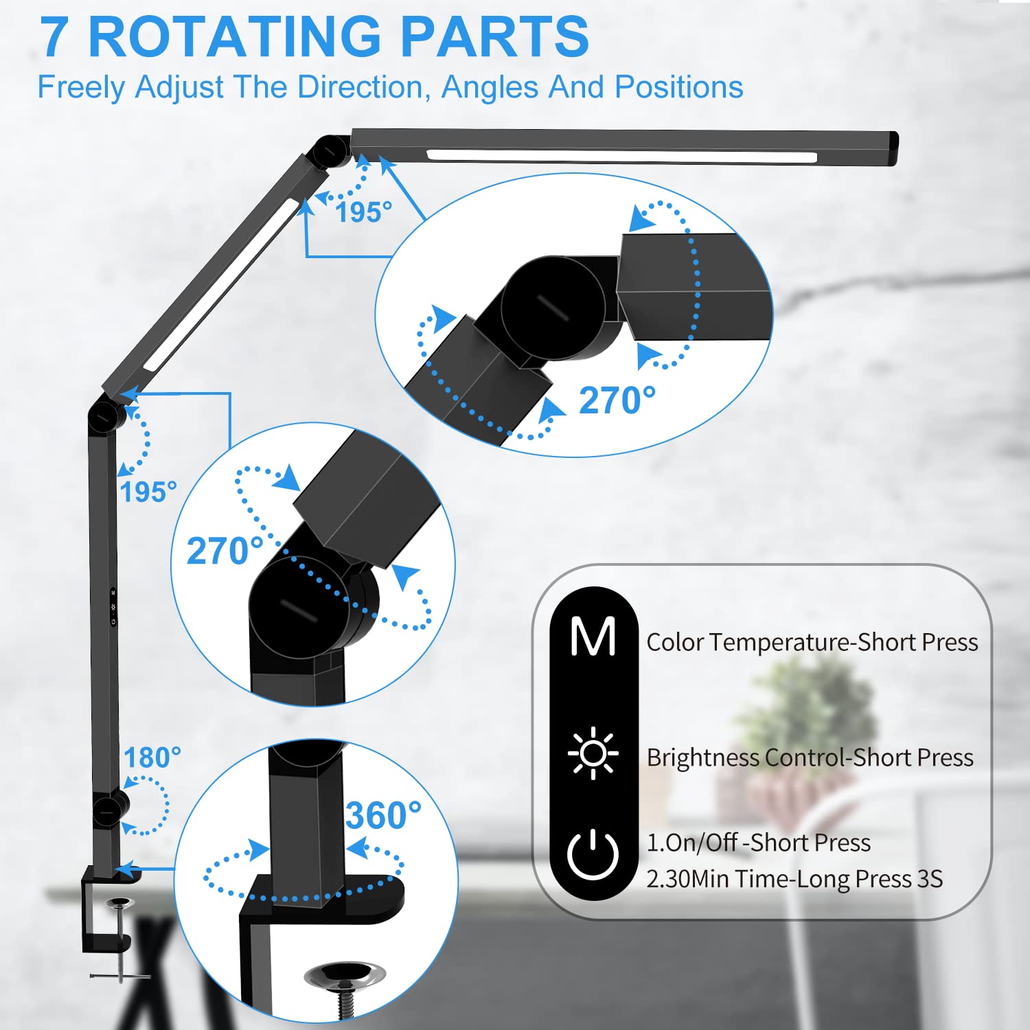 LED Desk Lamp with Clamp, Architect Desk Lamp for Home Office with Remote Control, Swing Arm Clamp on Desk Light, Clip-on Eye-Care Adjustable 5 Micomlan