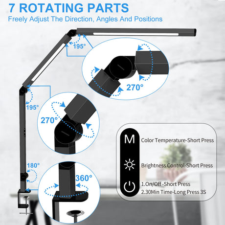 LED Desk Lamp with Clamp, Architect Desk Lamp for Home Office with Remote Control, Swing Arm Clamp on Desk Light, Clip-on Eye-Care Adjustable 5 Micomlan