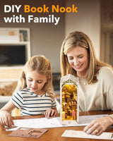 Rowood Book Nook Kits for Adults Bookshelf Insert Decor Alley 3D Wooden Puzzle Bookend DIY Craft Kits for Adults with LED Light - Sunshine Town RoWood