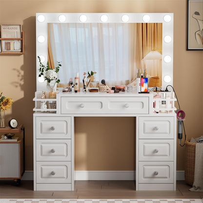 FURNJOYLIFE Farmhouse Makeup Vanity Desk with Lighted Mirror & Power Outlet, Vanity Dresser Table with 3 Lighting Modes Brightness Adjustable,7