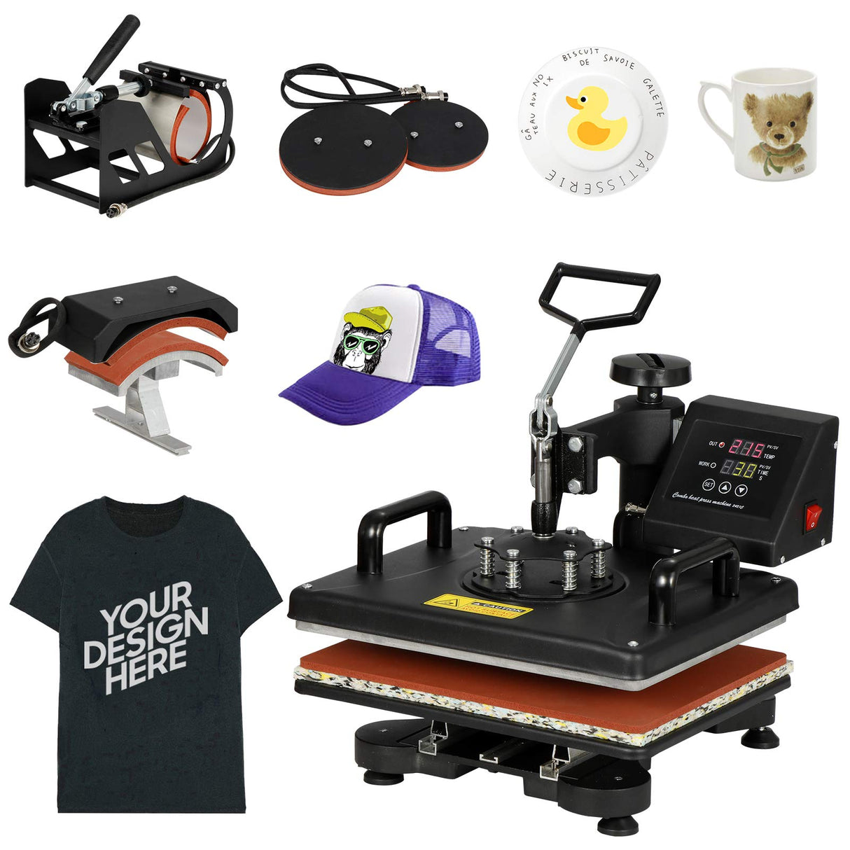 F2C Pro 5 in 1 Combo Heat Press Machine T-Shirt Hat Cap Mug Plate Digital Transfer Sublimation Machine New Black (5 in 1 Swing Away) F2C