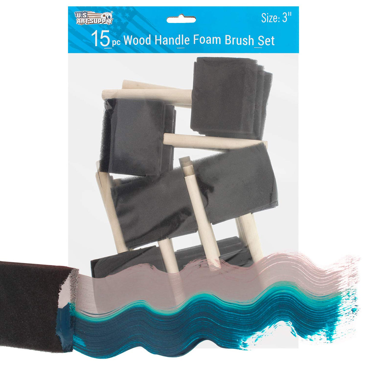 US Art Supply 3 inch Foam Sponge Wood Handle Paint Brush Set (Value Pack of 15) - Lightweight, Durable and Great for Acrylics, Stains, Varnishes, US Art Supply