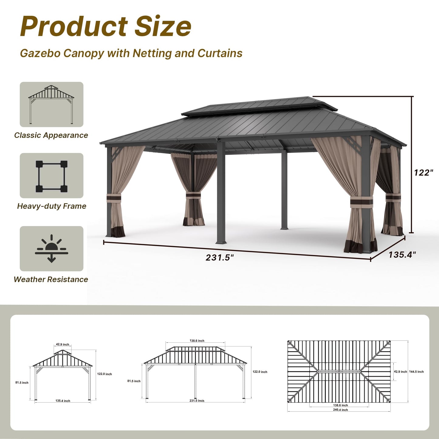 Gotland 2024 New 12' x 20' Hardtop Gazebo, Outdoor Iron Metal Double Roof Pergola with Curtains and Netting for Patio, Garden, Lawn, Khaki - WoodArtSupply