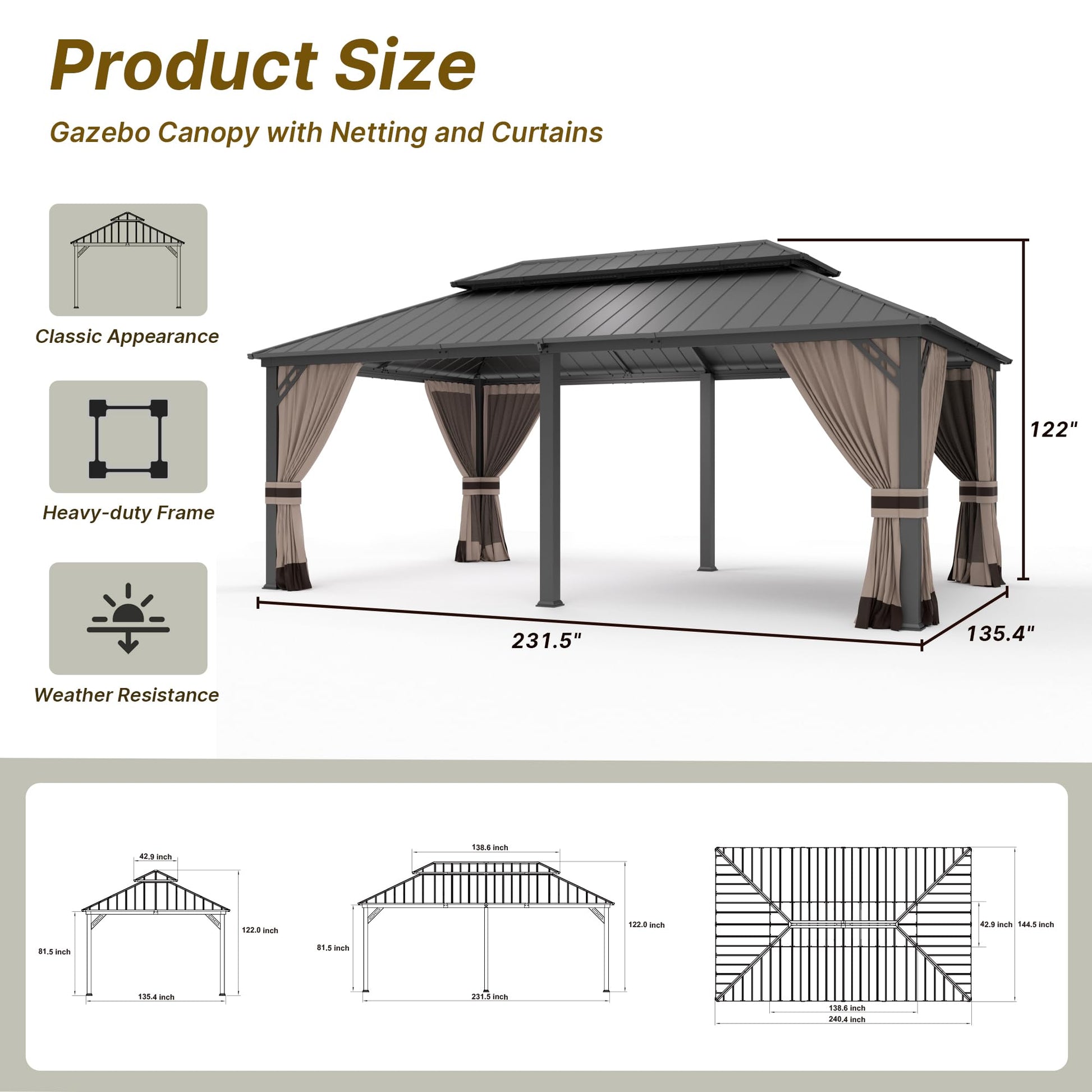 Gotland 2024 New 12' x 20' Hardtop Gazebo, Outdoor Iron Metal Double Roof Pergola with Curtains and Netting for Patio, Garden, Lawn, Khaki - WoodArtSupply