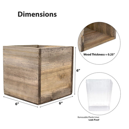 CYS EXCEL 2 PCS 6" Brown Cube Planter Box with Removable Plastic Liner | Multiple Choices Natural Brown Wood Square Planter | Indoor Decorative