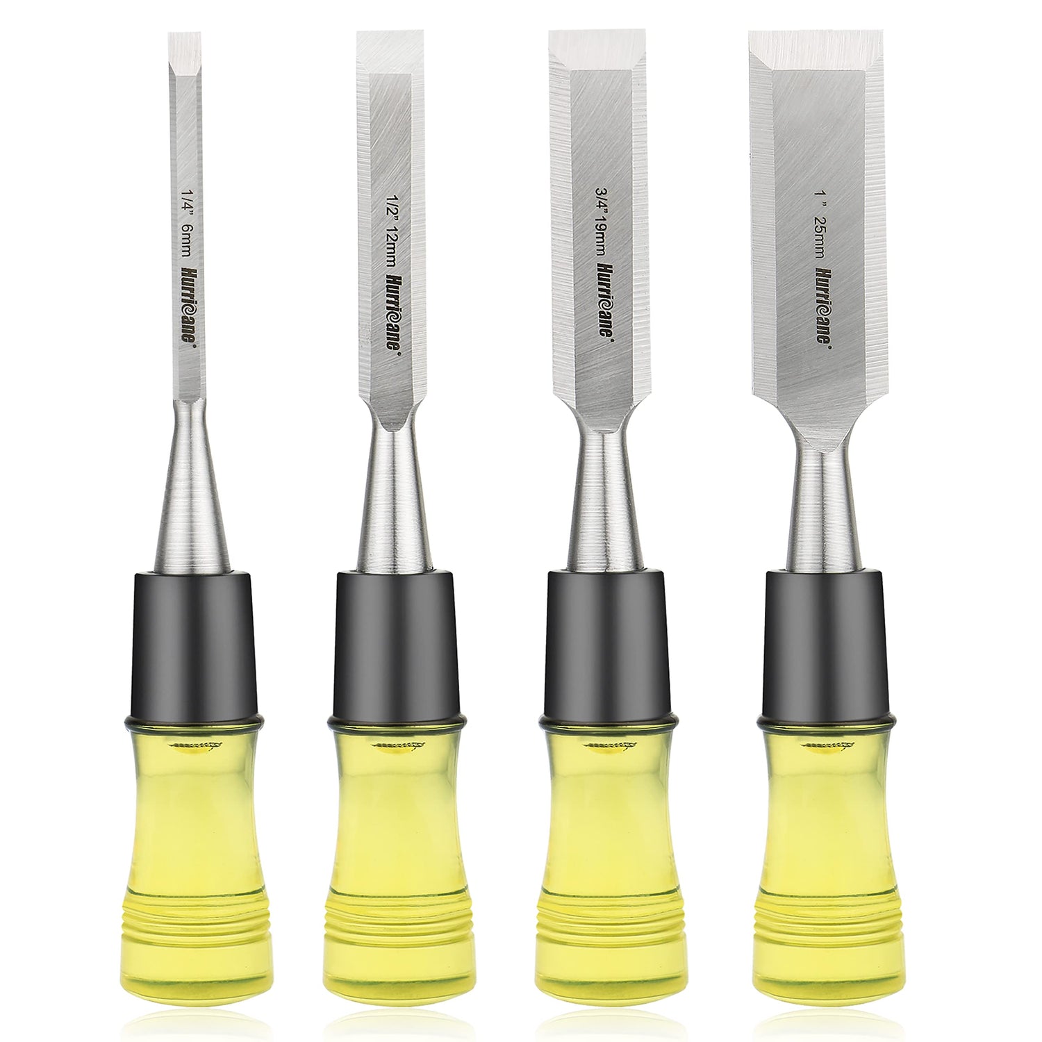 HURRICANE 4 Piece Wood Chisel Set for Woodworking, CRV Steel Beveled Edge Sharp Blade with Caps, Extra Large Size Durable PVC High Impact Handle, HURRICANE