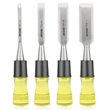 HURRICANE 4 Piece Wood Chisel Set for Woodworking, CRV Steel Beveled Edge Sharp Blade with Caps, Extra Large Size Durable PVC High Impact Handle, HURRICANE